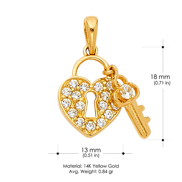14K Gold Heart Lock & Key Studded CZ Charm Pendant with 1.2mm Flat Open Wheat Chain Necklace