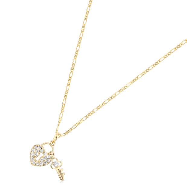 14K Gold Heart Lock & Key Studded CZ Charm Pendant with 1.6mm Figaro 3+1 Chain Necklace