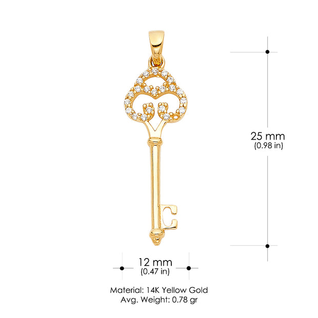 14K Gold Vintage Key CZ Charm Pendant with 1.5mm Flat Open Wheat Chain Necklace