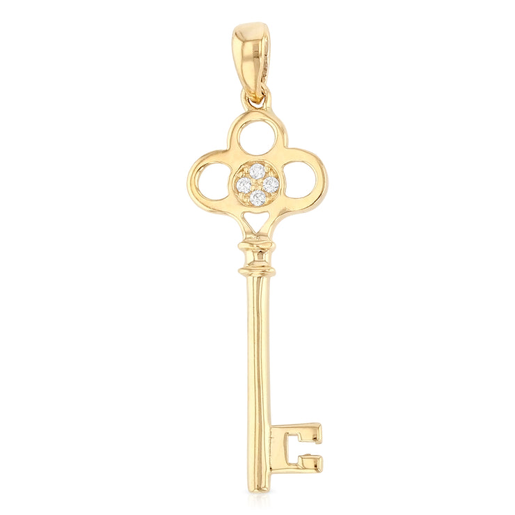 14K Gold Vintage Key CZ Charm Pendant with 2.3mm Figaro 3+1 Chain Necklace