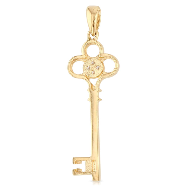 14K Gold Vintage Key CZ Charm Pendant