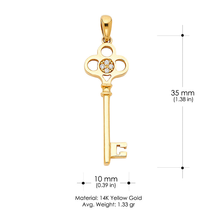 14K Gold Vintage Key CZ Charm Pendant