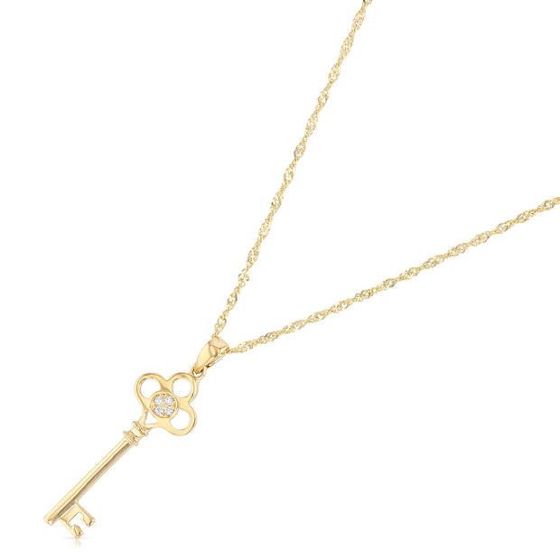 14K Gold Vintage Key CZ Charm Pendant with 1.2mm Singapore Chain Necklace