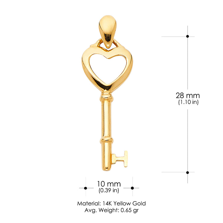 14K Gold Key to My Heart Plain Charm Pendant with 2mm Figaro 3+1 Chain Necklace