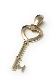 14K Gold Key to My Heart Plain Charm Pendant with 2mm Figaro 3+1 Chain Necklace