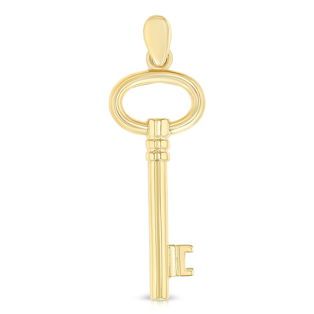 14K Gold Plain Key Charm Pendant with 1.5mm Flat Open Wheat Chain Necklace