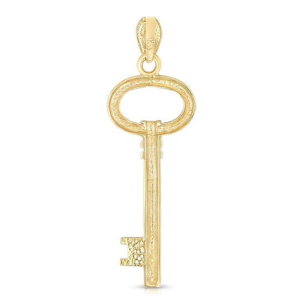 14K Gold Plain Key Charm Pendant with 2mm Figaro 3+1 Chain Necklace