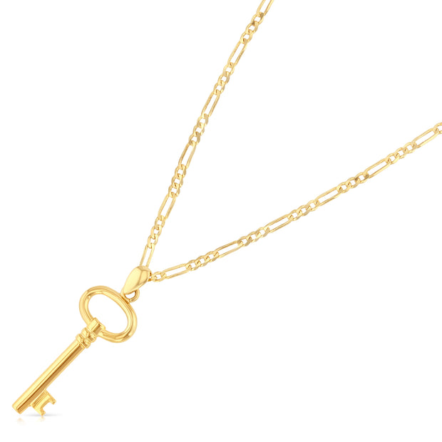 14K Gold Plain Key Charm Pendant with 2mm Figaro 3+1 Chain Necklace