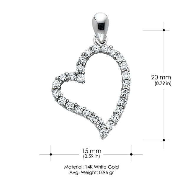 14K Gold Open Tilted Heart CZ Charm Pendant