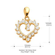 14K Gold Open Fancy Heart Round Cut CZ Charm Pendant with 1.5mm Flat Open Wheat Chain Necklace