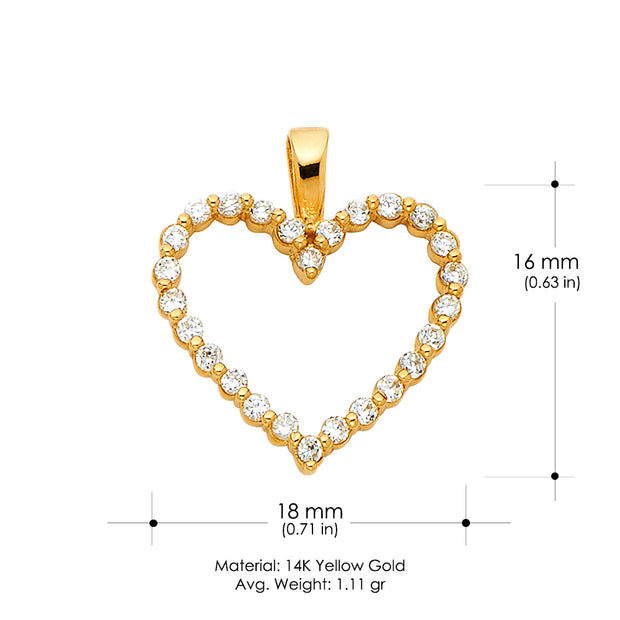 14K Gold Open Fancy Heart Round Cut CZ Charm Pendant with 1.2mm Singapore Chain Necklace