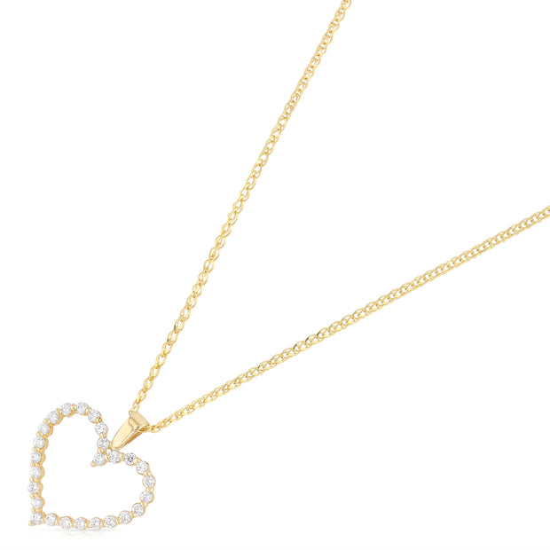 14K Gold Open Fancy Heart Round Cut CZ Charm Pendant with 1.5mm Flat Open Wheat Chain Necklace