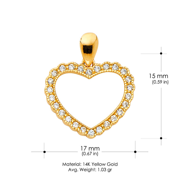 14K Gold Open Fancy Heart Round Cut CZ Charm Pendant with 1.2mm Flat Open Wheat Chain Necklace