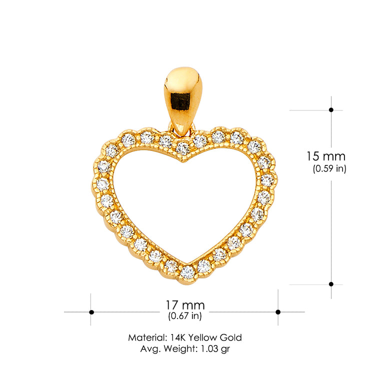 14K Gold Open Fancy Heart Round Cut CZ Charm Pendant with 1.2mm Flat Open Wheat Chain Necklace
