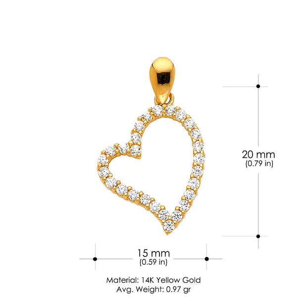 14K Gold Open Tilted Heart Round Cut CZ Charm Pendant with 2mm Figaro 3+1 Chain Necklace