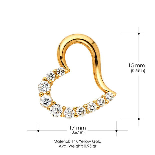 14K Gold Journey Tilted Open Heart CZ Charm Pendant with 1.2mm Flat Open Wheat Chain Necklace