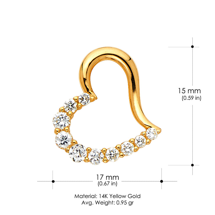 14K Gold Journey Tilted Open Heart CZ Charm Pendant with 1.2mm Flat Open Wheat Chain Necklace