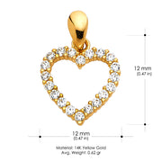 14K Gold Open Fancy Heart Round Cut CZ Charm Pendant with 1.2mm Flat Open Wheat Chain Necklace