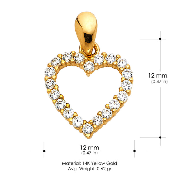 14K Gold Open Fancy Heart Round Cut CZ Charm Pendant with 1.6mm Figaro 3+1 Chain Necklace