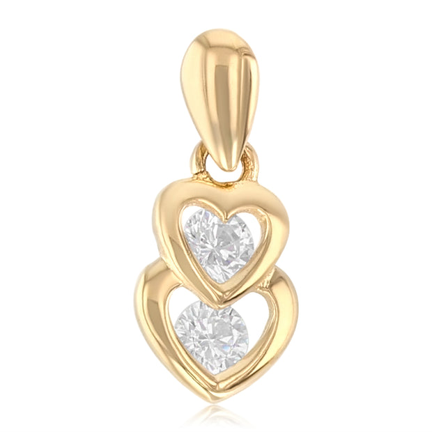 14K Gold Dual Interlocking Hearts CZ Charm Pendant with 1.2mm Flat Open Wheat Chain Necklace