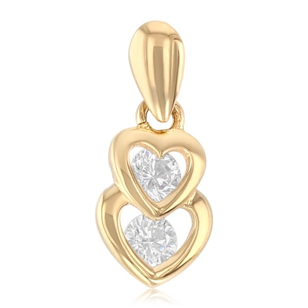 14K Gold Dual Interlocking Hearts CZ Charm Pendant with 0.9mm Singapore Chain Necklace