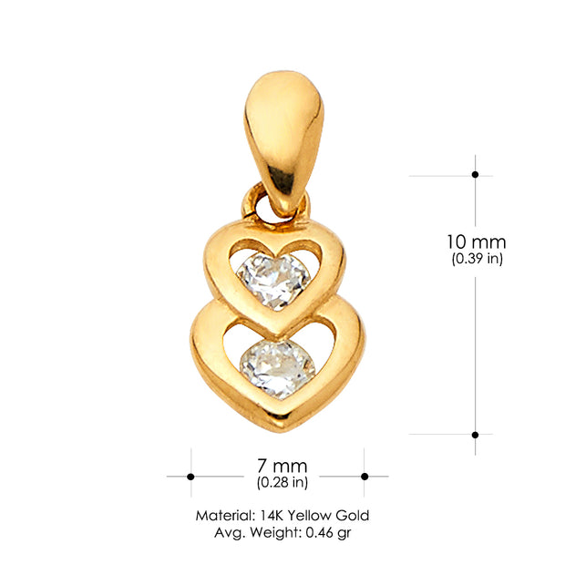 14K Gold Dual Interlocking Hearts CZ Charm Pendant