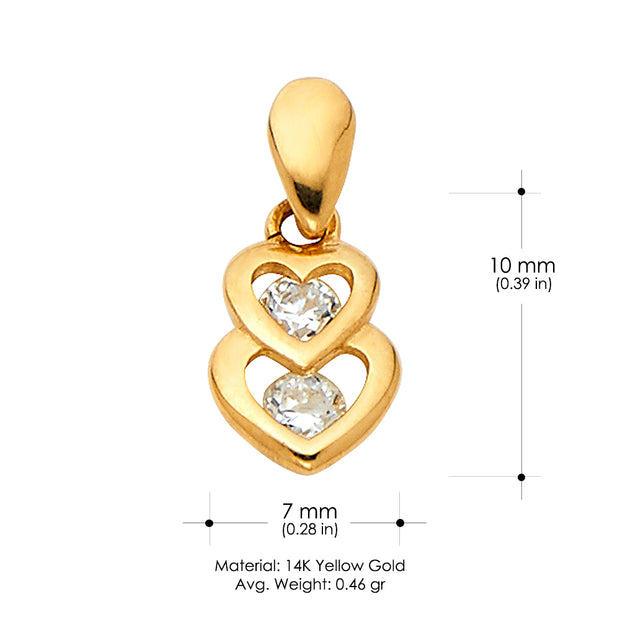 14K Gold Dual Interlocking Hearts CZ Charm Pendant with 0.9mm Singapore Chain Necklace