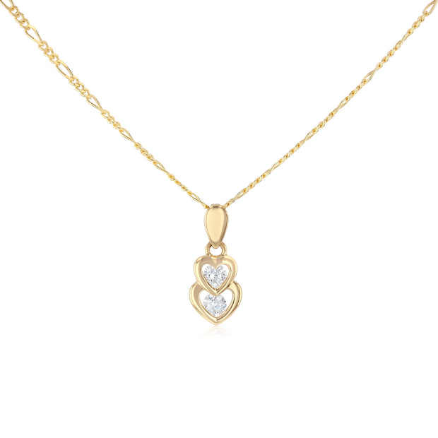 14K Gold Dual Interlocking Hearts CZ Charm Pendant with 1.6mm Figaro 3+1 Chain Necklace