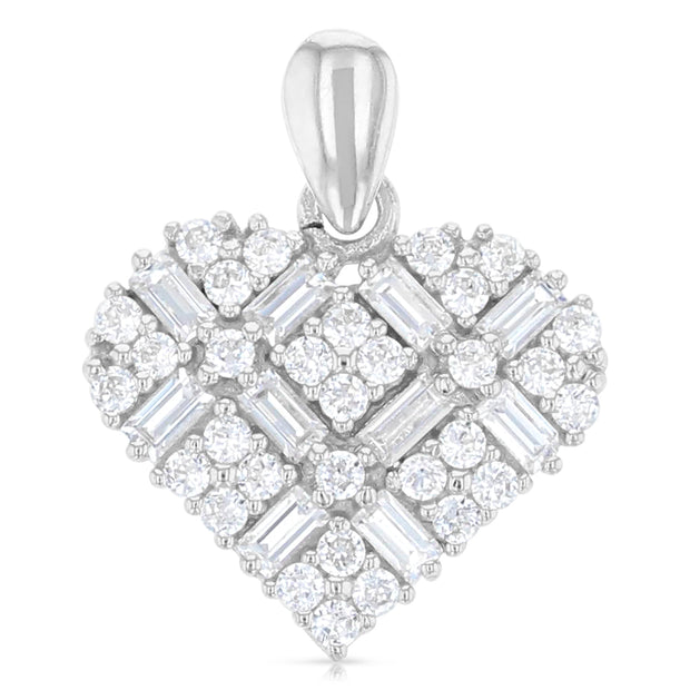 14K Gold Heart Cross Hatch CZ Pendant with 1.3mm Flat Open Wheat Chain