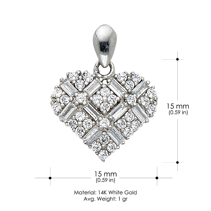 14K Gold Heart Cross Hatch CZ Charm Pendant