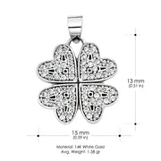 14K Gold Four Hearts Clover CZ Pendant with 1.3mm Flat Open Wheat Chain