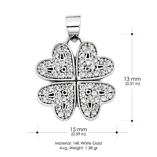 14K Gold Four Hearts Clover CZ Pendant with 0.9mm Singapore Chain