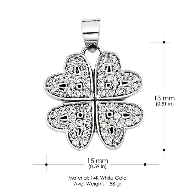 14K Gold Four Hearts Clover CZ Charm Pendant