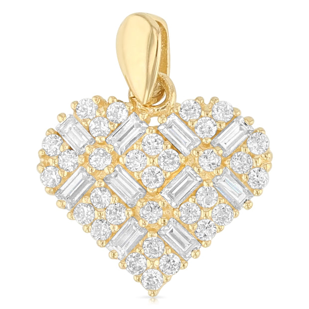 14K Gold Heart Cross Hatch CZ Charm Pendant with 1.6mm Figaro 3+1 Chain Necklace