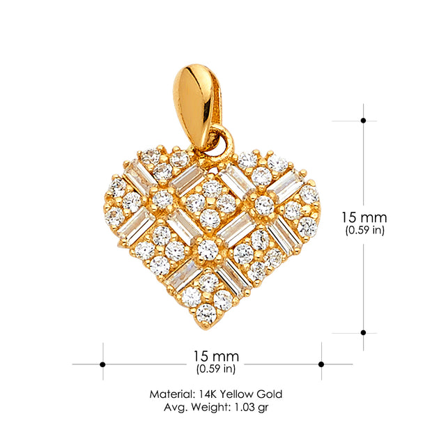 14K Gold Heart Cross Hatch CZ Charm Pendant with 1.2mm Flat Open Wheat Chain Necklace