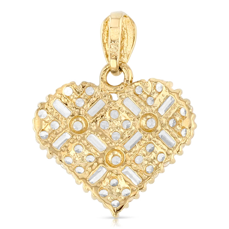 14K Gold Heart Cross Hatch CZ Charm Pendant