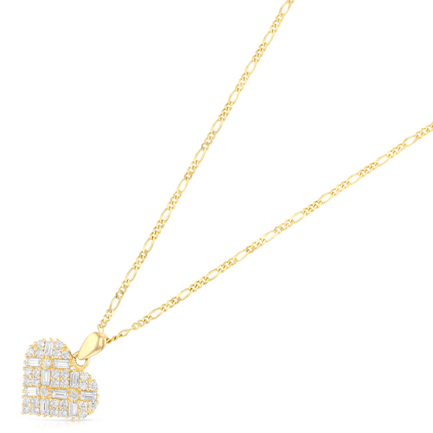 14K Gold Heart Cross Hatch CZ Charm Pendant with 1.6mm Figaro 3+1 Chain Necklace