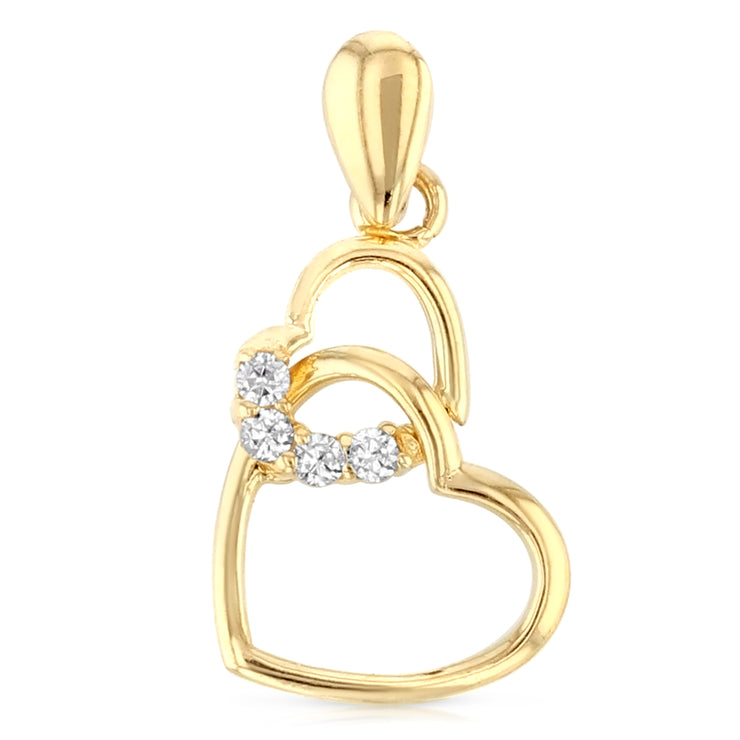 14K Gold Dual Interlocking Hearts CZ Charm Pendant with 0.9mm Singapore Chain Necklace