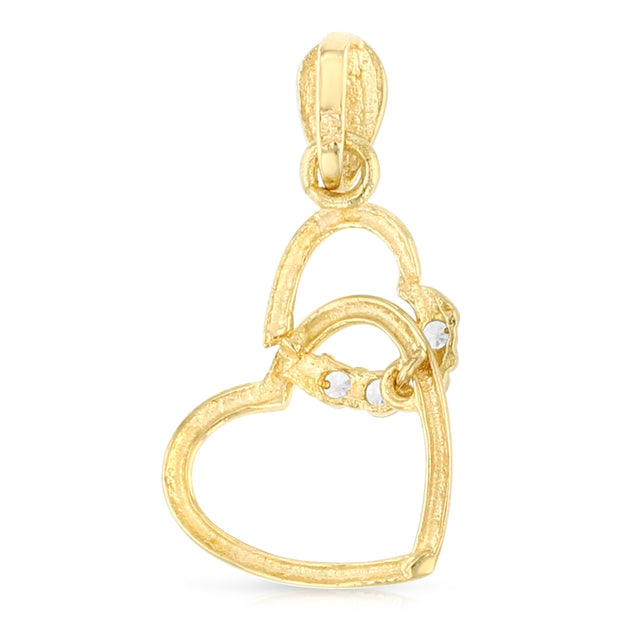 14K Gold Dual Interlocking Hearts CZ Charm Pendant with 0.9mm Singapore Chain Necklace