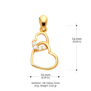 14K Gold Dual Interlocking Hearts CZ Charm Pendant with 1.2mm Flat Open Wheat Chain Necklace