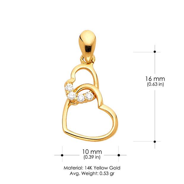 14K Gold Dual Interlocking Hearts CZ Charm Pendant with 1.6mm Figaro 3+1 Chain Necklace