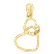 14K Gold Dual Interlocking Hearts CZ Charm Pendant with 1.2mm Flat Open Wheat Chain Necklace