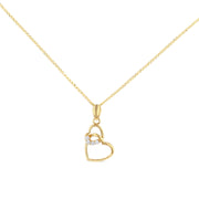 14K Gold Dual Interlocking Hearts CZ Charm Pendant with 1.2mm Flat Open Wheat Chain Necklace