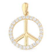 14K Gold Fancy Peace Sign CZ Charm Pendant with 1.2mm Flat Open Wheat Chain Necklace