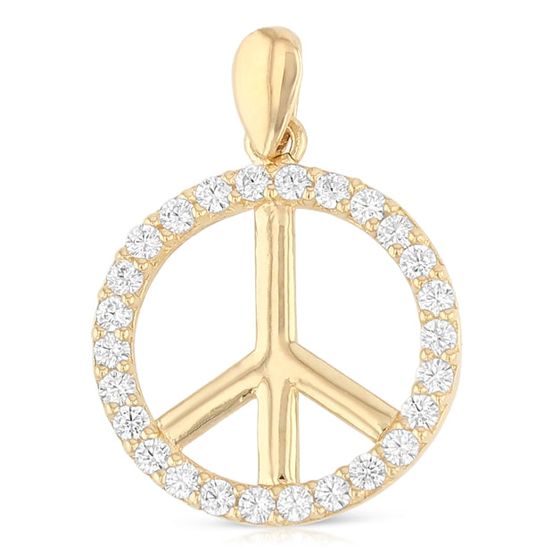 14K Gold Fancy Peace Sign CZ Charm Pendant with 1.2mm Flat Open Wheat Chain Necklace