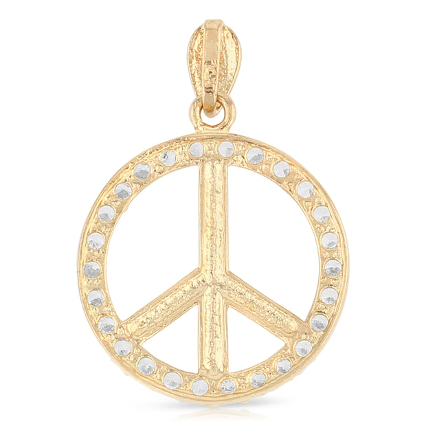 14K Gold Fancy Peace Sign CZ Charm Pendant with 1.2mm Flat Open Wheat Chain Necklace