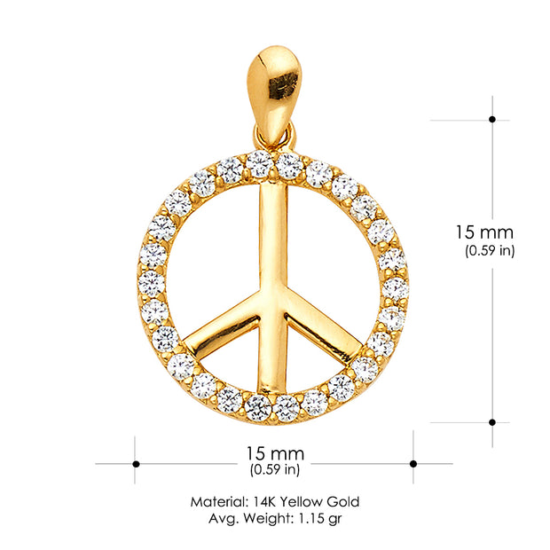 14K Gold Fancy Peace Sign CZ Charm Pendant with 1.2mm Flat Open Wheat Chain Necklace