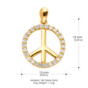 14K Gold Fancy Peace Sign CZ Charm Pendant with 1.2mm Singapore Chain Necklace