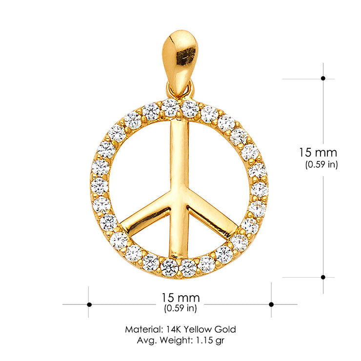 14K Gold Fancy Peace Sign CZ Charm Pendant with 2mm Figaro 3+1 Chain Necklace