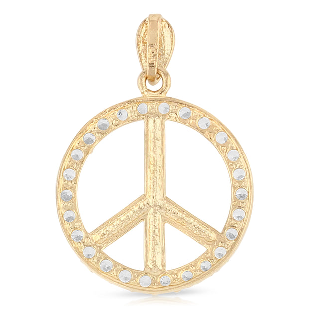 14K Gold Fancy Peace Sign CZ Charm Pendant with 2mm Figaro 3+1 Chain Necklace